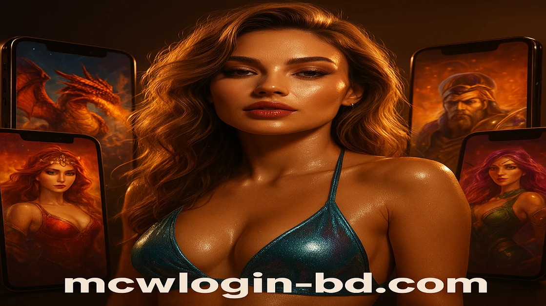 মারমেইড-থিমযুক্ত বিকিনি পরা এক নারী, আলোকিত চরিত্রসহ স্বপ্ন-থিমা-ভিত্তিক গেমের ফোন স্ক্রিনগুলোর মাঝে দাঁড়িয়ে আছেন, mcw login