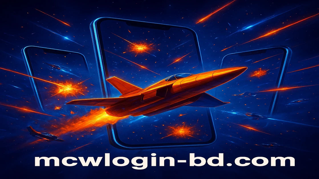 mcw login গেমিং প্ল্যাটফর্মের একটি উত্তেজনাপূর্ণ দৃশ্য—জ্বলন্ত লাল বিমানটি ট্যাবলেট স্ক্রিন থেকে উড়ে যাচ্ছে; চারপাশে আরও বিমান ও গেমের উপাদান ছড়িয়ে আছে।