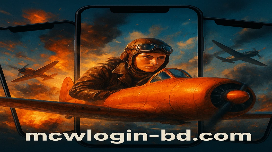 mcw login প্ল্যাটফর্মে, গগলস পরা নারী পাইলট লাল বিমানটি মহাকাশ ও আগুনের মধ্যে দিয়ে উড়ছে; Aviator Game শিরোনামটি উপরে জ্বলছে।
