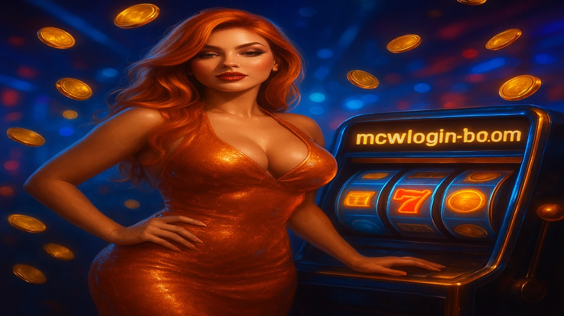 mcw login প্ল্যাটফর্মে কমলা রঙের খরগোশ স্যুট পরা লাল চুলের নারী, উড়ন্ত চিপগুলোতে ঘেরা, একটি আর্কেড খেলার কাছে দাঁড়িয়ে রয়েছে এবং খেলার বিশেষ সুবিধা দেখাচ্ছে।