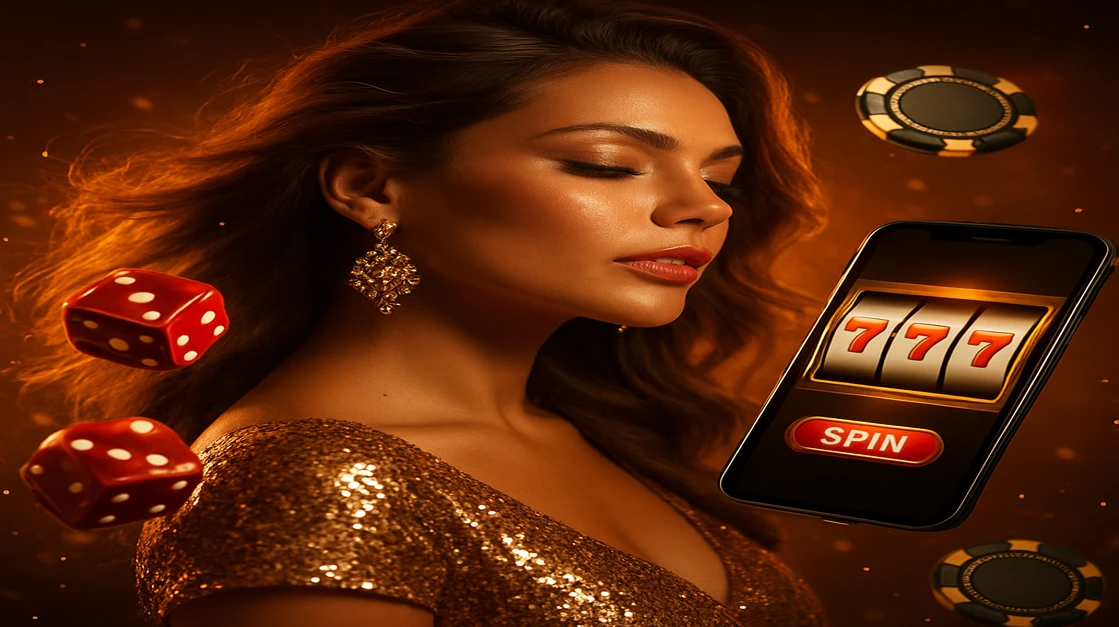mcw login প্ল্যাটফর্মে সোনালি পোশাক পরা এক সুন্দরী নারী হাতে মোবাইল ধরেছেন, যার স্ক্রিনে খেলার দৃশ্য দেখা যাচ্ছে; তার চার পাশে সোনালি চিপ ও ডাইস ছড়িয়ে রয়েছে।