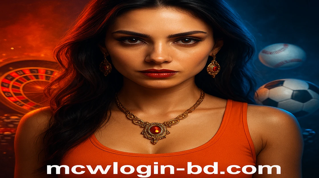 কমলা রঙের টপ পরা ট্যাটু-সহ এক সাহসী নারী বেসবল ধরে, চারপাশে বিভিন্ন গেম-উপকরণ, চিপস ও উড়ন্ত ফুটবল বল ছড়িয়ে রয়েছে mcw login