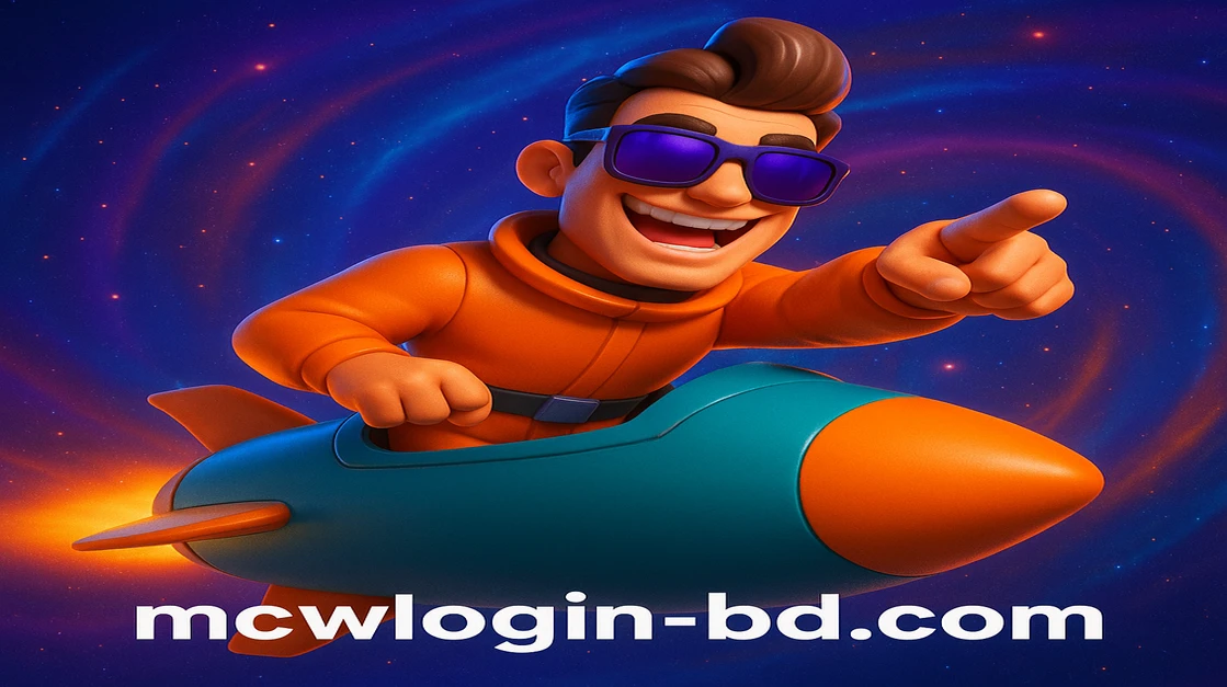 mcw login গেমিং প্ল্যাটফর্মে ভবিষ্যৎমুখী পাইলট স্যুট ও সানগ্লাস পরা একটি কার্টুন চরিত্র একটি রকেট ধরে রঙিন গ্যালাক্সির মাঝকে উড়ে যাচ্ছে; নিচে JetX শিরোনাম জ্বলছে।