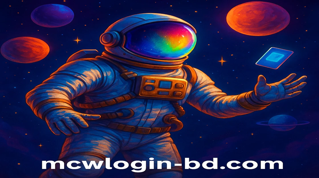 mcw login গেমিং প্ল্যাটফর্মে আলোকময় স্পেসসুট পরা নভচারী 'Spaceman' লেবেলসহ বহির্বিশ্বে ভাসছে, গ্রহ ও কন্ট্রোল প্যানেলগুলোর মাঝে।
