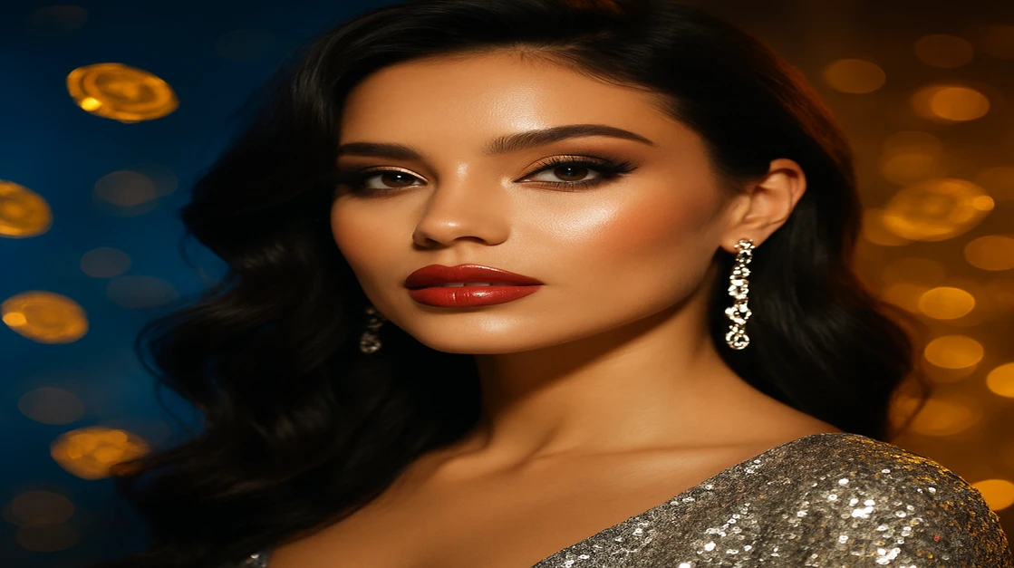 mcw login গেমিং প্ল্যাটফর্মের জন্য একটি জাঁকজমকপূর্ণ দৃশ্য: চকমকে পোশাকে এক গ্লামারাস নারী, চারপাশে উড়ে যাচ্ছে স্বর্ণ মুদ্রা ও জ্বলজ্বল করা প্ল্যাটফর্ম-থিমা পটভূমি সহ